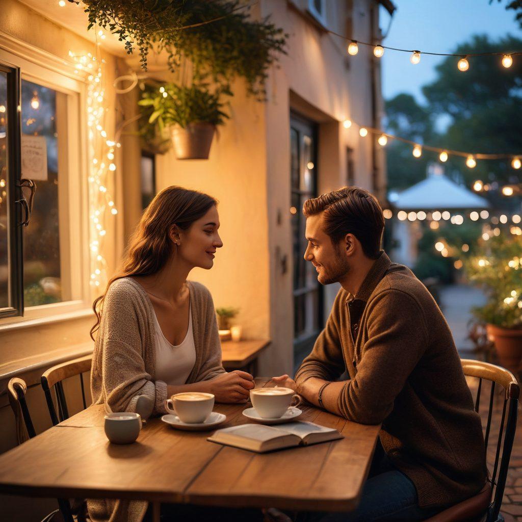 A cozy scene depicting a couple sitting at a cafe, immersed in heartfelt conversation over coffee, surrounded by soft warm lighting and subtle romantic decorations. Include a book with relationship tips on their table, a gentle breeze rustling nearby plants, and soft-focus fairy lights in the background to evoke intimacy and connection. super-realistic. warm tones. blurred background.