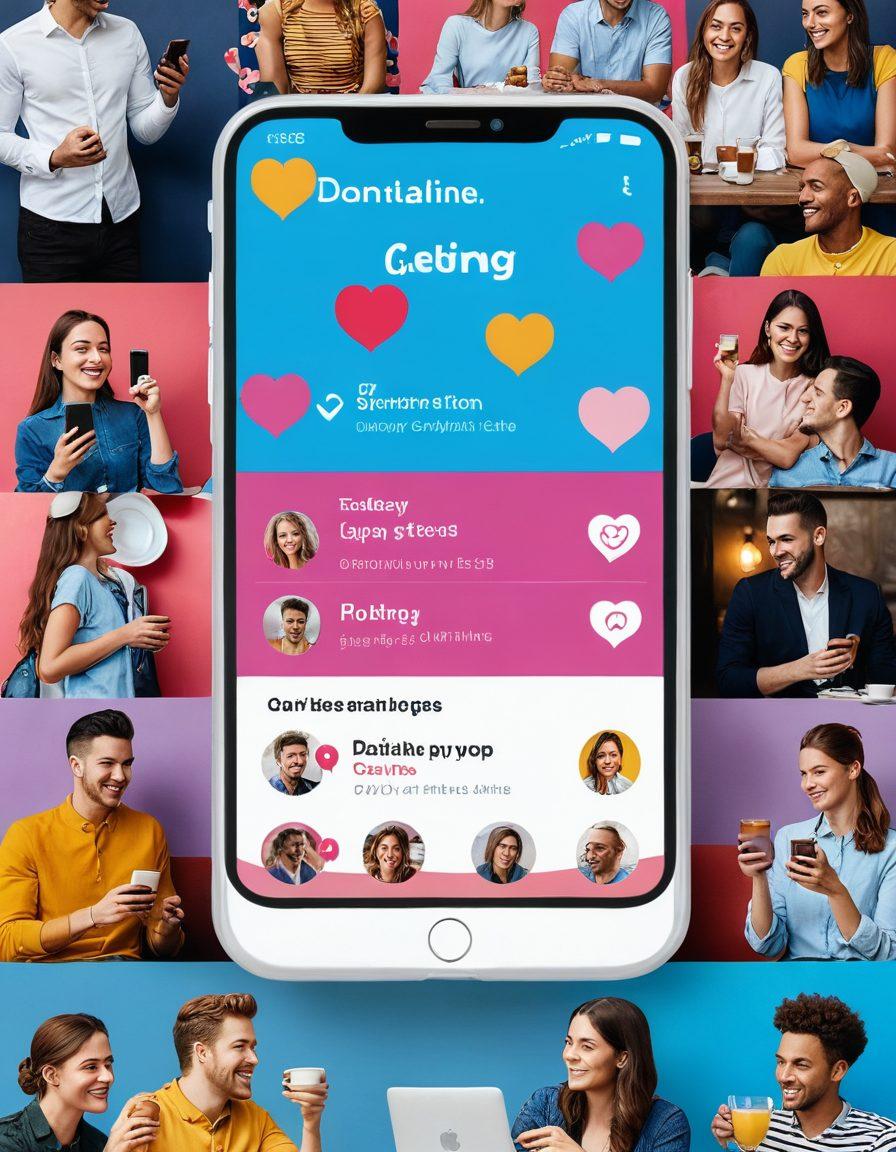 A visually engaging split-screen design featuring a smartphone displaying a popular dating app on one side, and a lively café scene with people socializing on the other. Incorporate vibrant colors to depict the excitement of online connections and real-life dates. Add playful icons like hearts and chat bubbles floating around to emphasize communication. The background should be modern and inviting, symbolizing the blend of digital and physical dating experiences. super-realistic. vibrant colors. modern design.