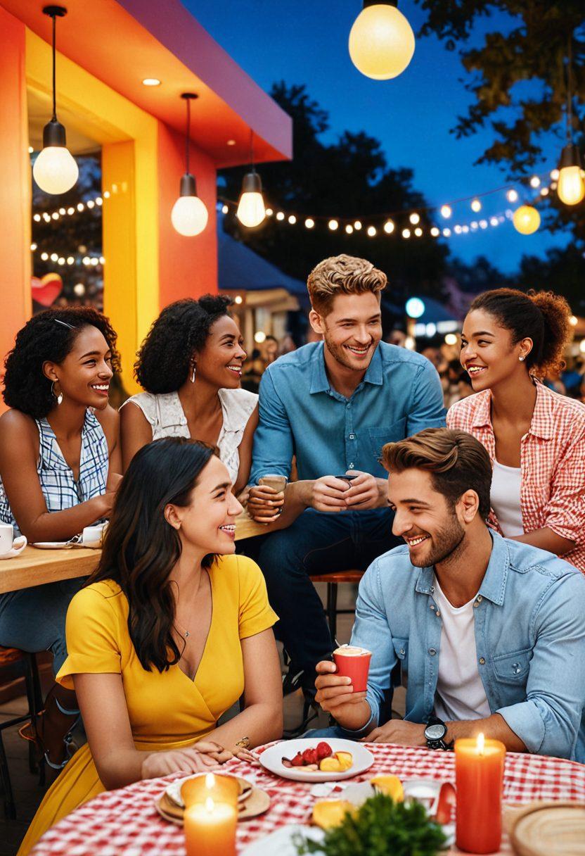 A vibrant collage depicting a diverse group of couples engaged in modern dating scenarios, such as chatting in a trendy café, enjoying a picnic at a park, and swiping on dating apps. Include elements of casual romance like candles, heart-shaped icons, and playful interactions. The background should be colorful and dynamic to evoke excitement and connection. super-realistic. vibrant colors. 3D.